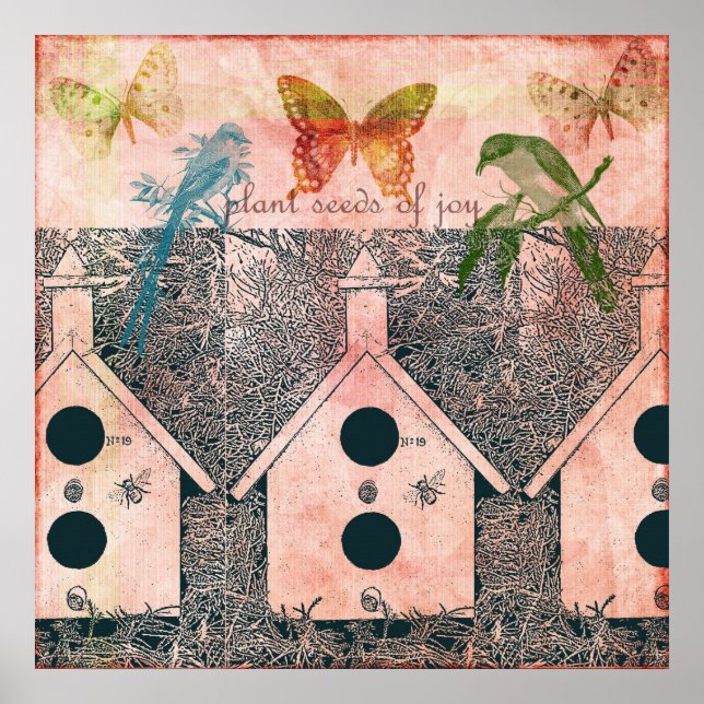 Inspiderade fåglar med fågelhus poster (Framsidan)