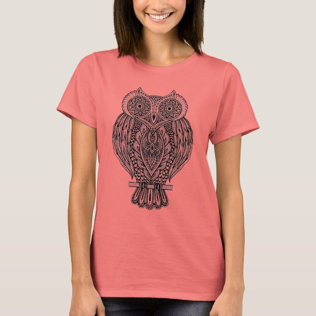 Inspierat Hand plockade Ornate Uggla T Shirt (Framsida)