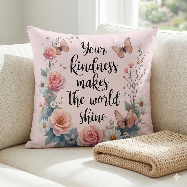 Inspirational Blommigt Quote med Butterflies Kudde (Inspirational Floral Quote with Butterflies Throw Pillow Mockup A)