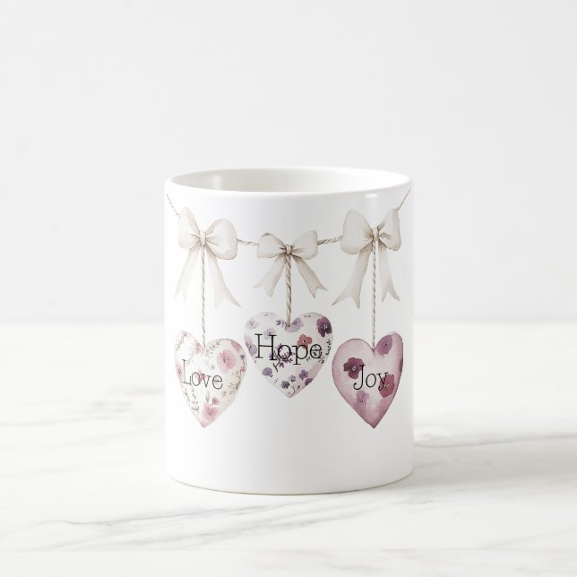 Inspirational Floral Love Hope Joy Heart Bow Kaffemugg (Center)