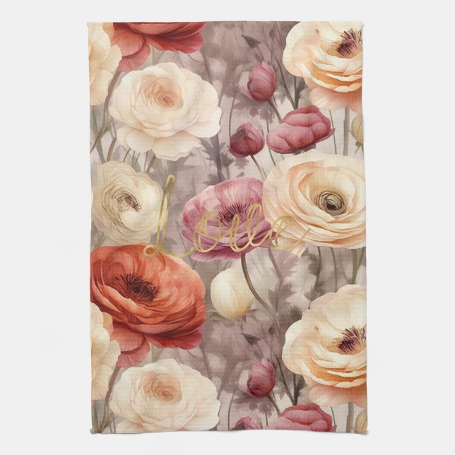 Inspirational gold love burgundy cream floral kökshandduk (Vertikal)