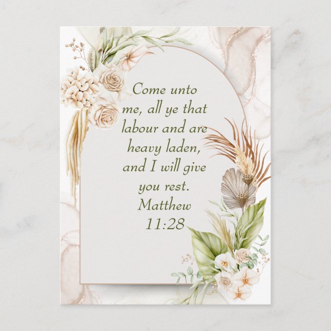 Inspirational Matthew 11:28 Floral Arch boho Vykort (Framsida)