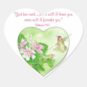 Inspirational Scripture Hebrews 13:5, Hummingbird Hjärtformat Klistermärke