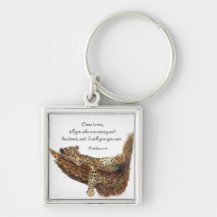 Inspirational, Scripture, Matthew 11:28, Leopard Fyrkantig Silverfärgad Nyckelring