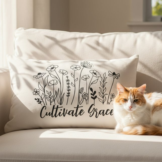Inspirational Throw Pillow - Cultivate Grace Flora Lumbarkudde (Inspirational black line art wildflower pillow)