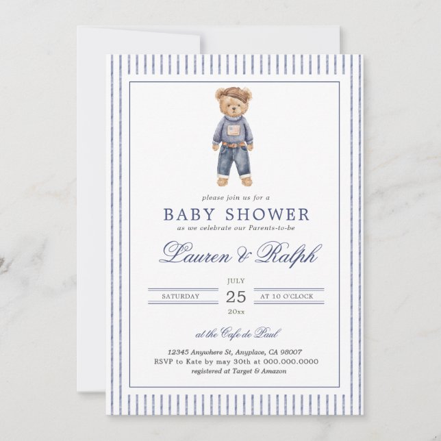Inspired Blue Teddy Bear Baby Shower Inbjudningar (Framsida)