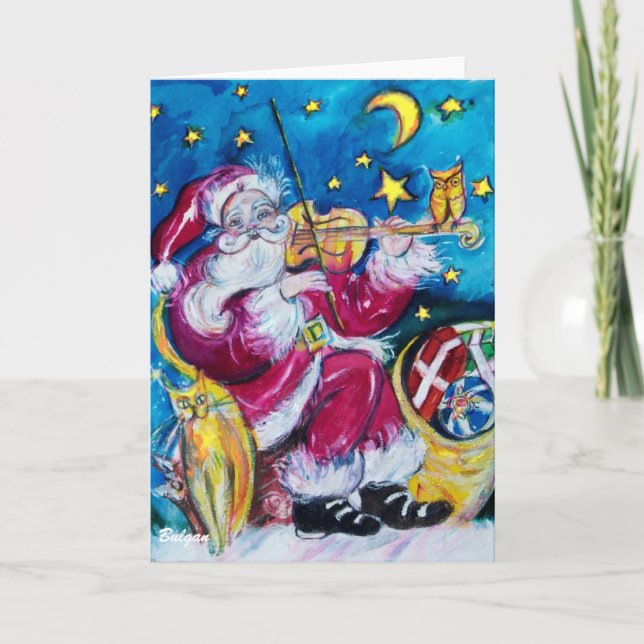INSPIRED SANTA PLAYING VIOLIN,Uggla, julafton Helgkort (Framsida)