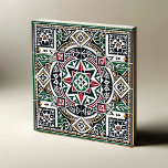 Inspired Symmetrical Tile Kakelplatta<br><div class="desc">Upptäck kärnan i det palestinska hantverket med "Heritage Harmony", en kvadratisk keramik som med modern symmetri förenar traditionell konst. Denna bricka är ett bevis på kulturarvet och innehåller en harmonisk blandning av det ikoniska palestinska färgen - svart, vitt, grönt och rött - som är sammanvävd i ett komplicerat lattisarbete och...</div>