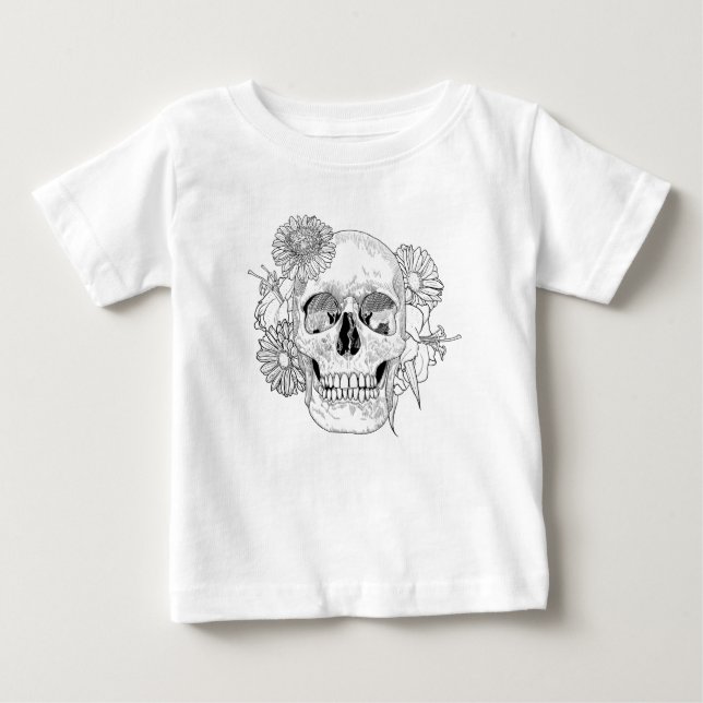 Inspirerad skalle och blommor tee shirt (Framsida)