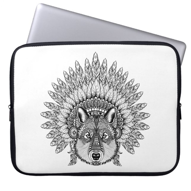 Inspirerad varg i befjädrad krighätta laptop sleeve (Framsidan)