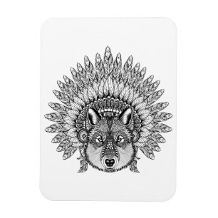 Inspirerad varg i befjädrad krighätta magnet