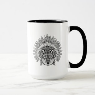 Inspirerad varg i befjädrad krighätta mugg