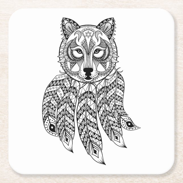 Inspirerad varg med Dreamcatcher Underlägg Papper Kvadrat (Framsidan)