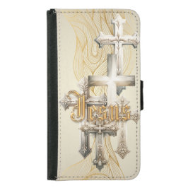 Inspirerande Bibel Beige Kors Guld Jesus Plånboksfodral För Samsung Galaxy S5