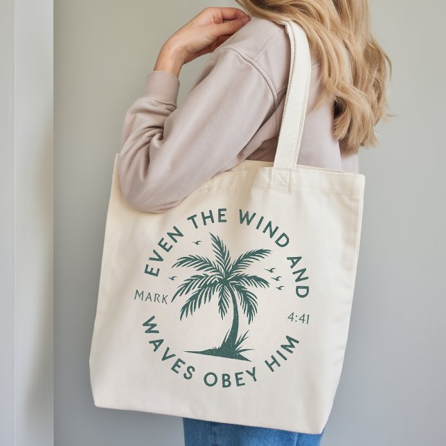 Inspirerande bibelvers shoppingväska present till  tygkasse (Even the Wind and Waves Obey Him Tote Gift for Her, Faith Based Tote Bag Christian Birthday Gift)