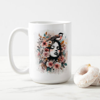Inspirerande blomstermotiv med kvinna och fågel kaffemugg