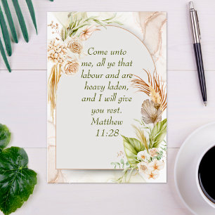 Inspirerande Matteus 11:28 Blommig båge boho Vykort