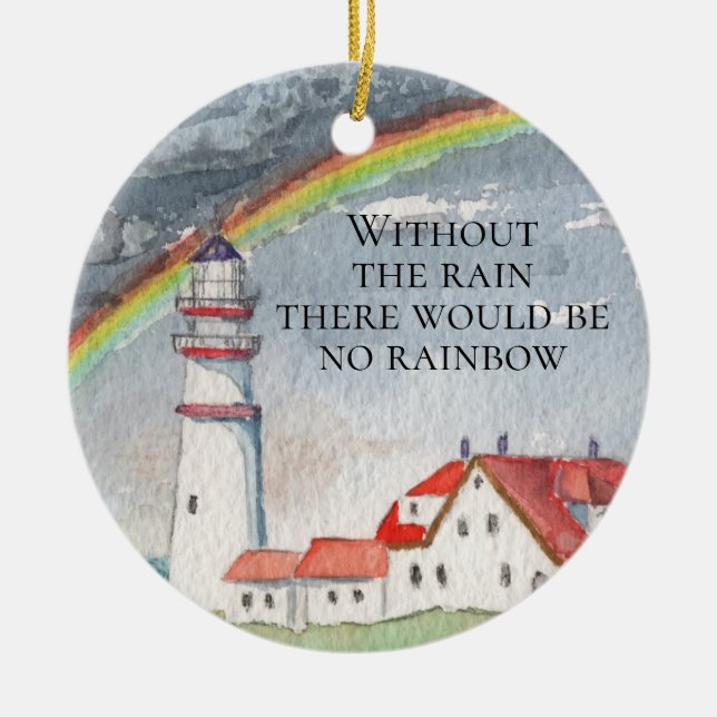 Inspirerande röd och vit fyr och regnbåge julgransprydnad keramik (Framsidan)