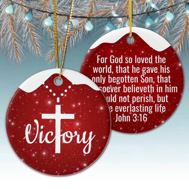 Inspirerande Segerkors Kristet Dekor ⛪️ Julgransprydnad Keramik (Customizable inspirational victory cross christian decor. Custom berry red Christmas ornament. 🎄✝)