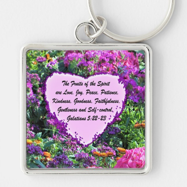INSPIRING GALATIANS 5 BLOMMIGTAR KEYCHAIN FYRKANTIG SILVERFÄRGAD NYCKELRING (Framsidan)