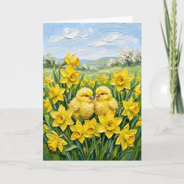 Inspiring Spring Baby Chicks Daffodils Easter Art Helgkort (Framsida)