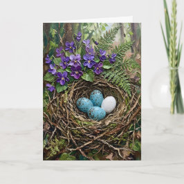 Inspiring Spring Bird Nest Violets Impasto Easter Helgkort