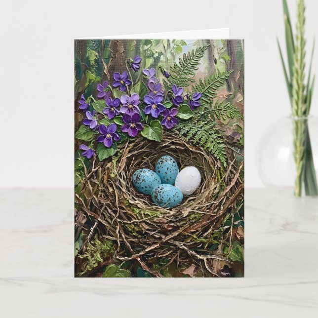 Inspiring Spring Bird Nest Violets Impasto Easter Helgkort (Framsida)