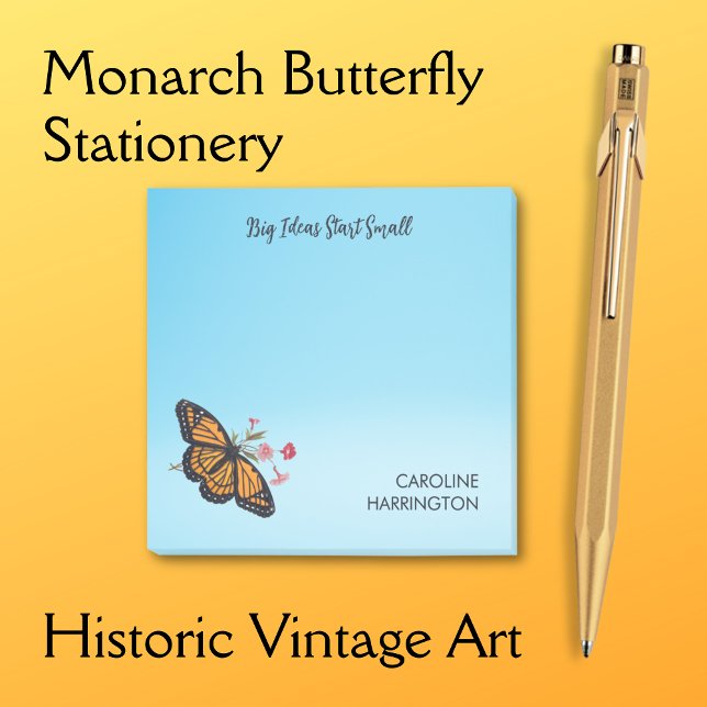 Inspiron Monarch Butterfly Personal Himmel Blue Post-it Block (This sky blue Post-it notepad features  crisp typography alongside a Victorian monarch butterfly.)