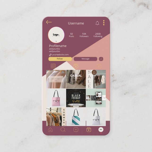 Insta-Affärskortet Sök efter QR-Logotyp Visitkort (Framsida)