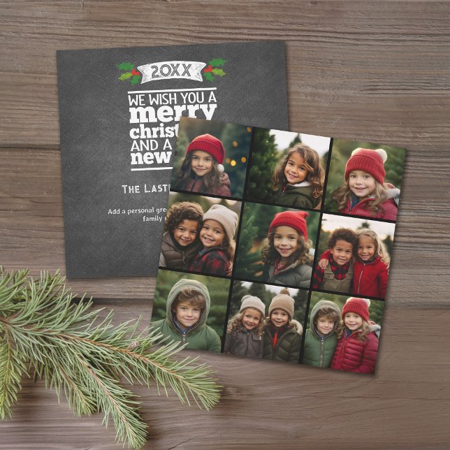 Instagram-fotocollage med 9 fyrkantiga foton julkort (Christmas photo collage with 9 photos on the front and a chalkboard design on the back)
