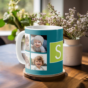 Instagram Fotokollage Monogram - Blå och Lime Kaffemugg