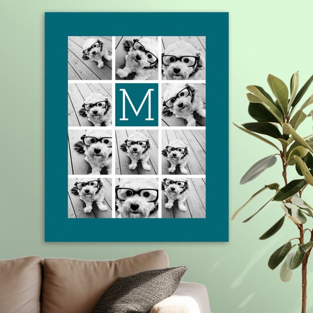 Instagram-kollage med anpassad monogram blå poster (Photo Collage Poster)