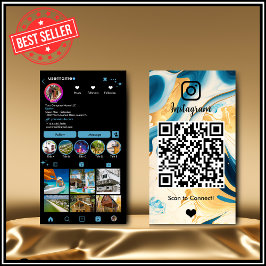 Instagram LUXURY Blue & Guld Black Marble Agate QR Visitkort