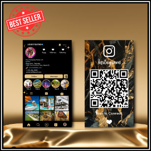 Instagram LUXURY Guld & Black Marble Agate QR Visitkort