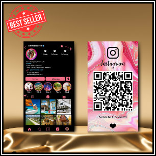 Instagram LUXURY Rosa & Black Marble Agate QR-kod Visitkort