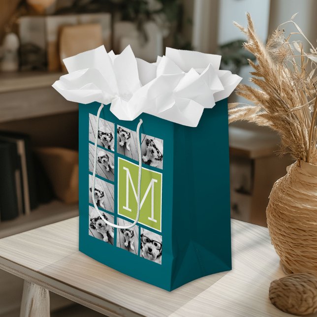 Instagram Photo Collage Monogram - Blue and Lime (Custom Gift Bag)