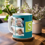 Instagram Photo Collage Monogram - Blue and Lime Kaffemugg<br><div class="desc">Grönt och Rik - blått bakgrunden - Du kan använda kvadratiska eller selfierade bilder för den här designen. Använda 8-kvadratfoton som skapar en unik och personlig gåva. Eller så kan du behålla hipstervalpen och göra ett trendig till keepy. Om du behöver justera bilder klickar du på verktyg för att anpassa...</div>