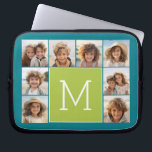 Instagram Photo Collage Monogram - Blue and Lime Laptop Fodral<br><div class="desc">Grönt och Rik - blått bakgrunden - Du kan använda kvadratiska eller selfierade bilder för den här designen. Använda 8-kvadratfoton som skapar en unik och personlig gåva. Eller så kan du behålla hipstervalpen och göra ett trendig till keepy. Om du behöver justera bilder klickar du på verktyg för att anpassa...</div>
