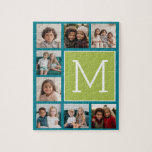Instagram Photo Collage Monogram - Blue and Lime Pussel<br><div class="desc">Grönt och Rik - blått bakgrunden - Du kan använda kvadratiska eller selfierade bilder för den här designen. Använda 8-kvadratfoton som skapar en unik och personlig gåva. Eller så kan du behålla hipstervalpen och göra ett trendig till keepy. Om du behöver justera bilder klickar du på verktyg för att anpassa...</div>