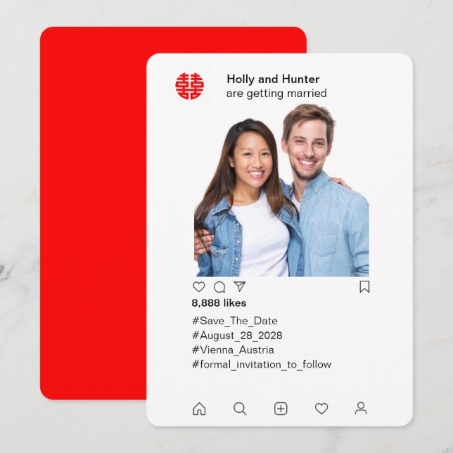 Instagram-stil kinesiskt bröllop Save the Date Inbjudningar (Fram/baksida)