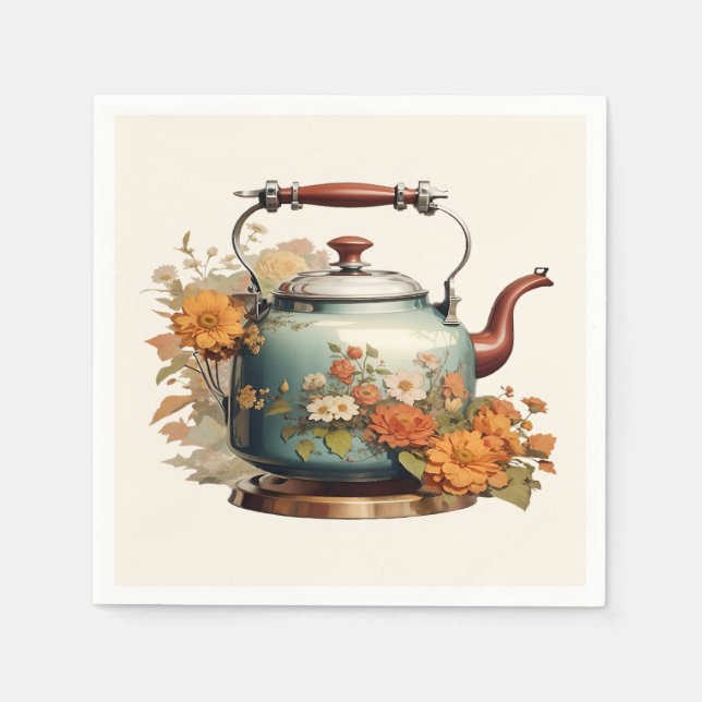 Inställning av elegant Flowers Tea Pot Coffee Cute Pappersservett (Framsidan)