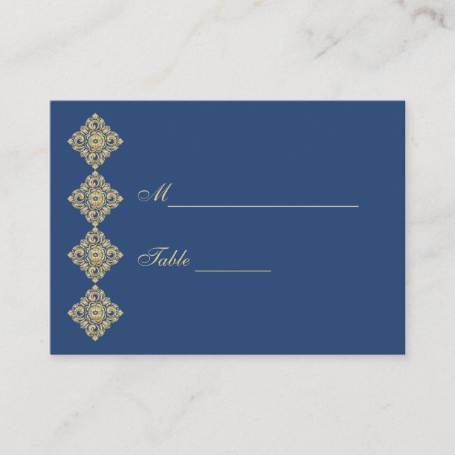 Inställning av Golden Diamond Damask Blue Bord Stä Placeringskort (Framsida)