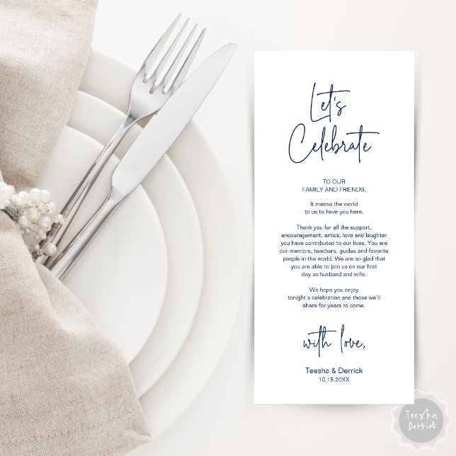 Inställning av Party-tackkort för dagtid i Ställe  Program (Modern Wedding Place Setting Dinner Party Thank You Card in Navy Blue)
