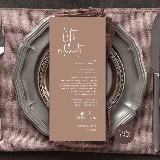 Inställning av Party-tackkort för dagtid i Ställe  Program (Modern Wedding Dinner Place Setting Dinner Party Thank You Card, in Taupe Brown)