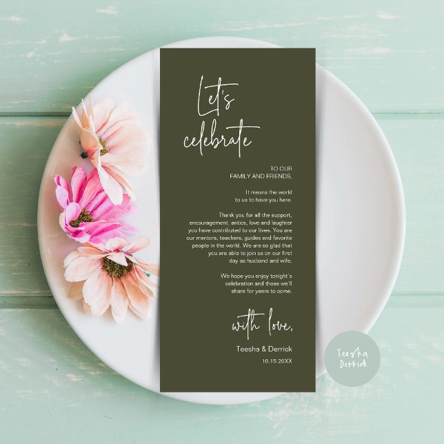 Inställning av Party-tackkort för dagtid i Ställe  Program (Modern Wedding Dinner Place Setting Dinner Party Thank You Card, in Olive Green)