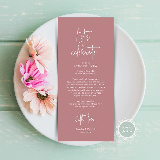 Inställning av Party-tackkort för dagtid i Ställe  Program (Let's Celebrate, Wedding Dinner Place Setting Thank You Card, Modern Plate Decor, in Dusty Rose Pink)