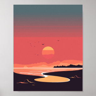 Inställning av Sol på Kusten Retro Stil Poster