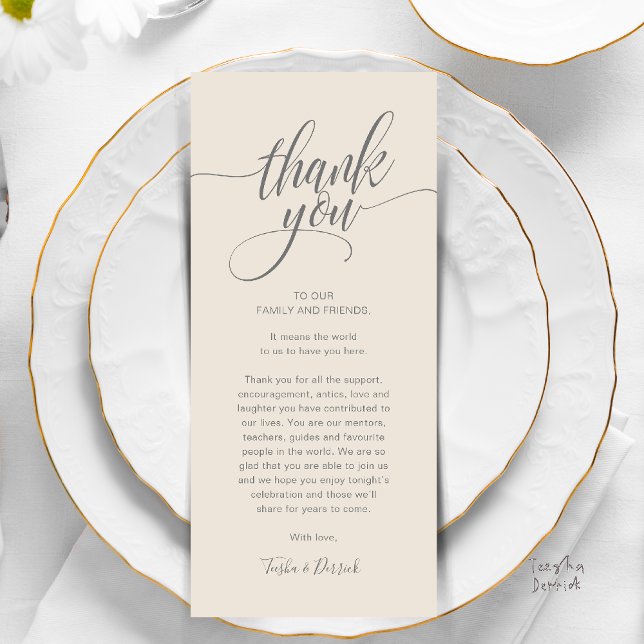 Inställning av Ställe för sommartid Tack kort (Modern Script Wedding Guest Dinner Reception Brunch Lunch Thank You Card in Classy Warm Cream Grey)