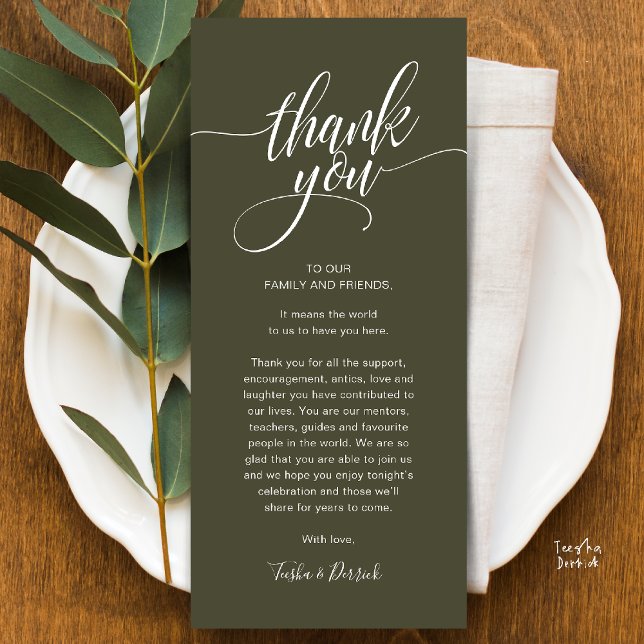 Inställning av Ställe för sommartid Tack kort (Modern Script Wedding Guest Dinner Reception Brunch Lunch Thank You Card in Olive Green)