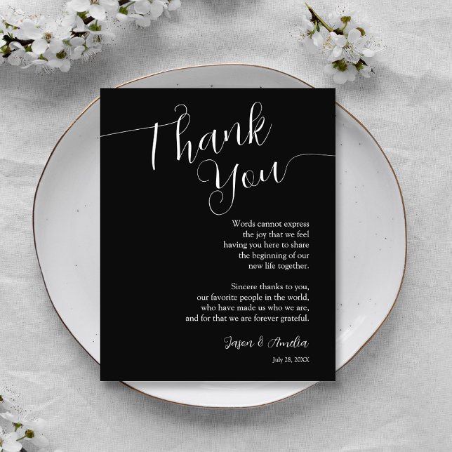 Inställning av Ställe för svartvitt bröllop Tack Kort (Black and White Wedding Reception Place Setting Thank You Cards)